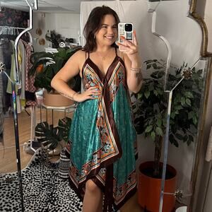 Y2k Satin Handkerchief Midi Sundress Blue Brown Size L/XL